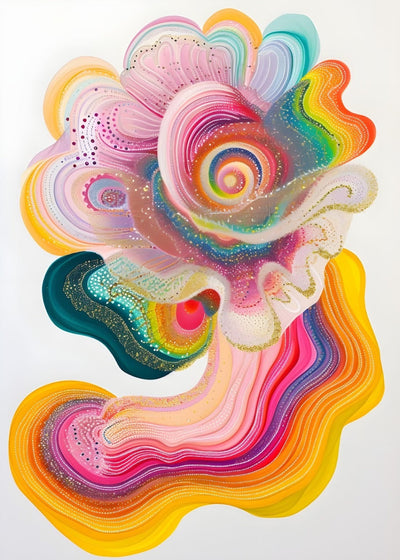 Colorful, abstract, paper sculpture with swirling patterns on a white background